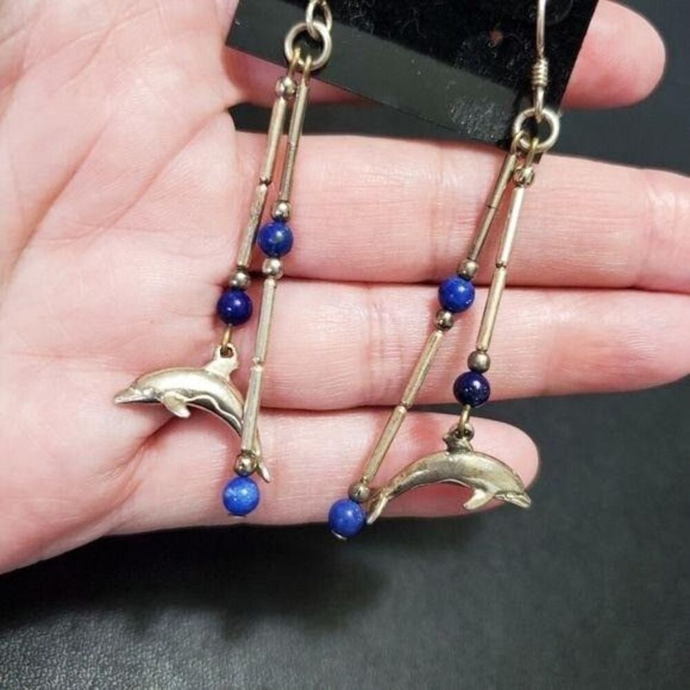 Sterling Silver Dangling Dolphin Earrings Blue Semiprecious Beads